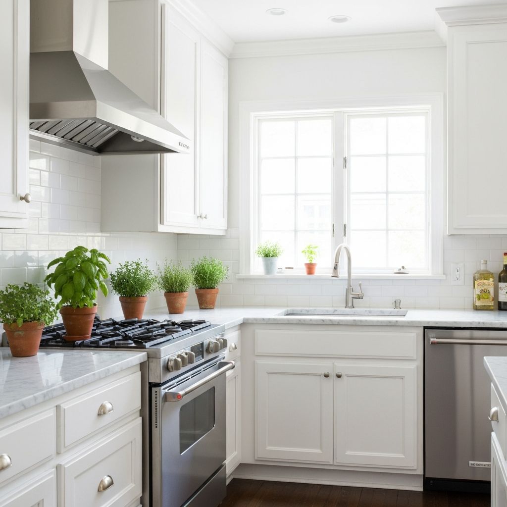 Pristine white kitchen with gleaming surfaces